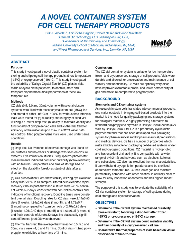 A Novel Container System For Cell Therapy Products | PDF ...