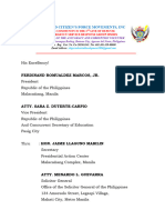 Letter Address To Ferdinand Marcos, JR Thru Jaime Llaguno Mabilin-Pac