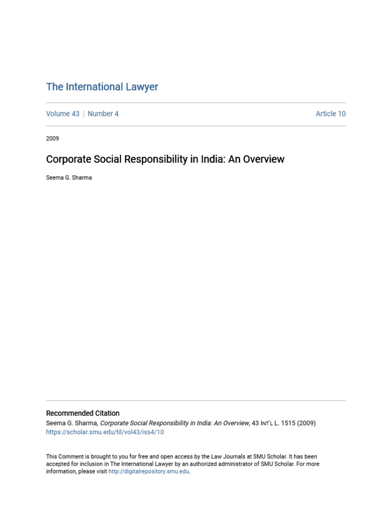 Corporate Social Responsibility in India - An Overview | PDF ...