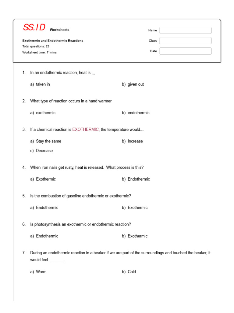 Endothermic vs. Exothermic Worksheets | PDF | Chemical Reactions | Water