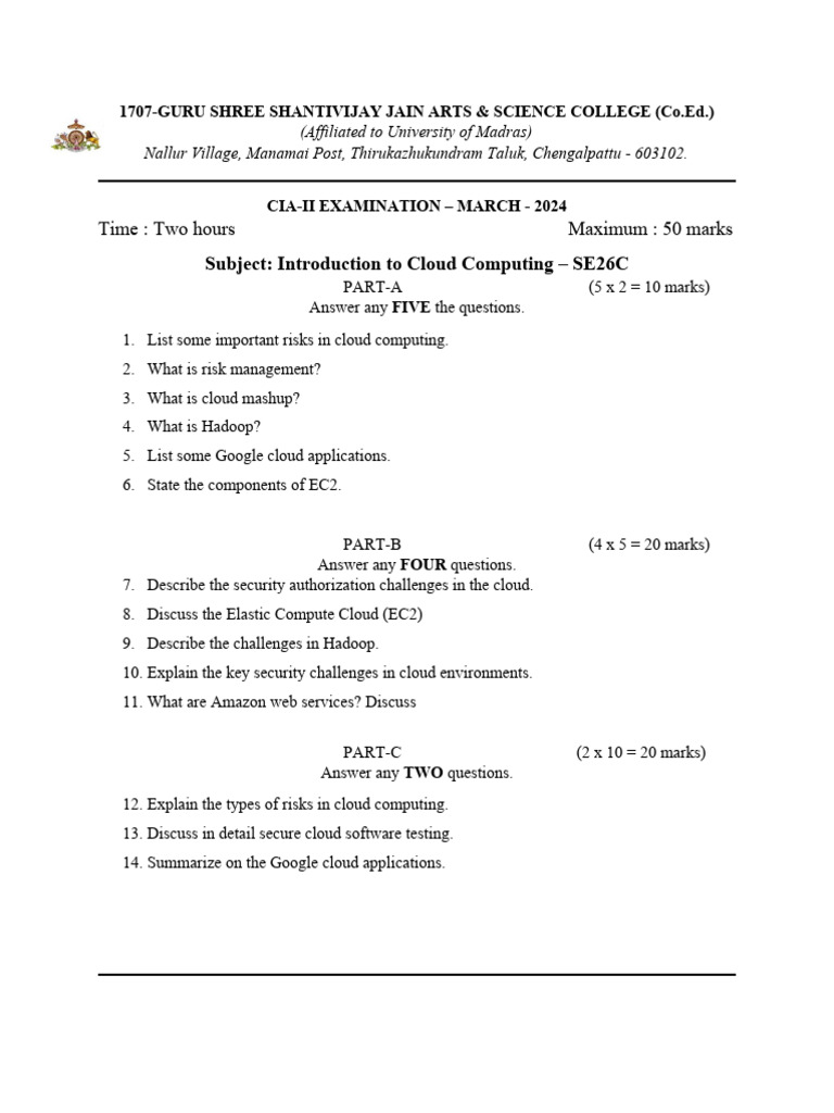 CIA-II Exam: Cloud Computing Questions | PDF | Computers | Technology ...