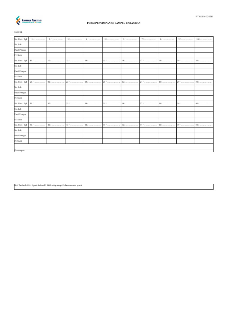 F-TKS-016-02-1219 Form Penyimpanan Sample Cadangan Rev 02 | PDF