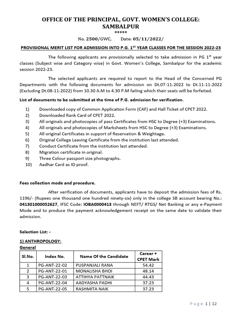 First selection merit list p g admission 2022 23 pdf