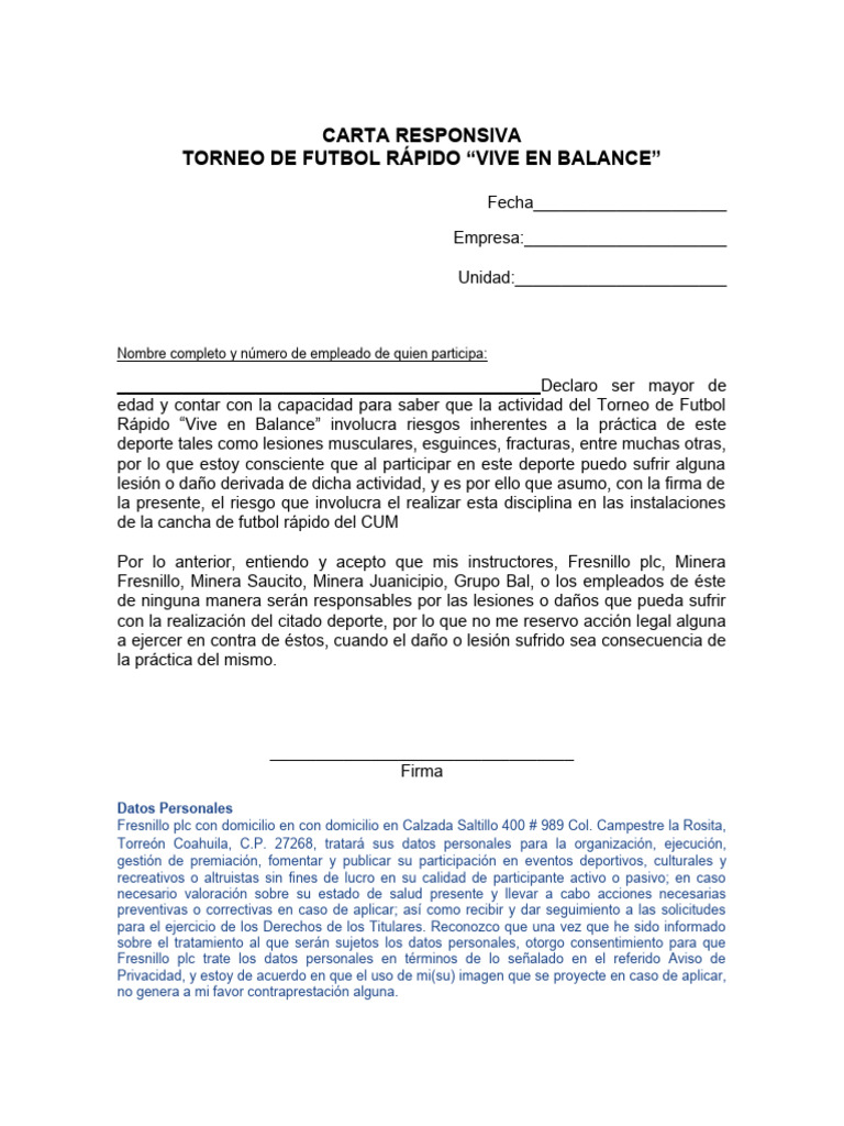 Carta Responsiva Torneo de Fútbol Rápido | PDF | Crecimiento personal y ...