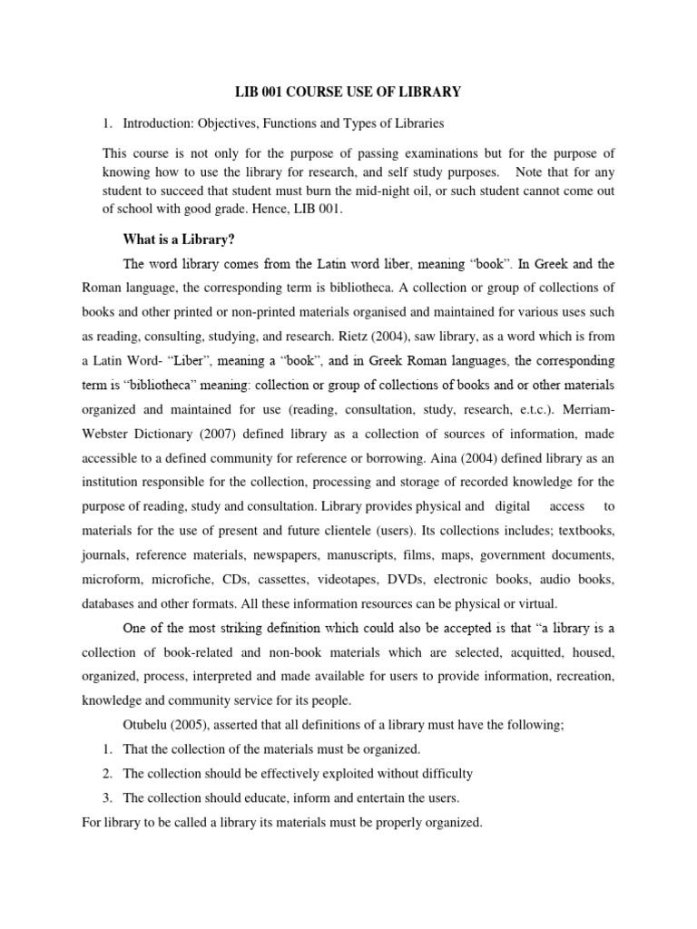 Lib 001 Course Use of Library PDF Libraries School Library