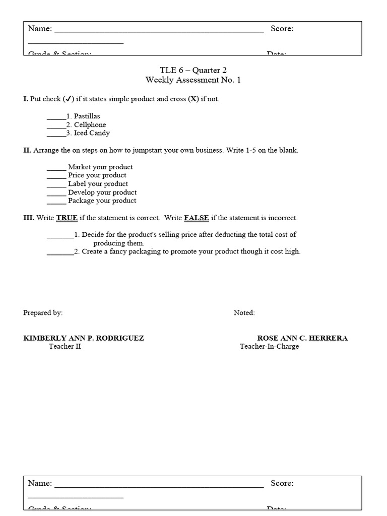 TLE 6 Weekly Assessment Overview | PDF | Marketing