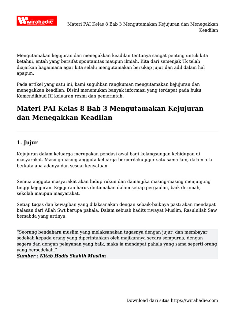 Materi Pai Kelas 8 Bab 3 Mengutamakan Kejujuran Dan Menegakkan Keadilan