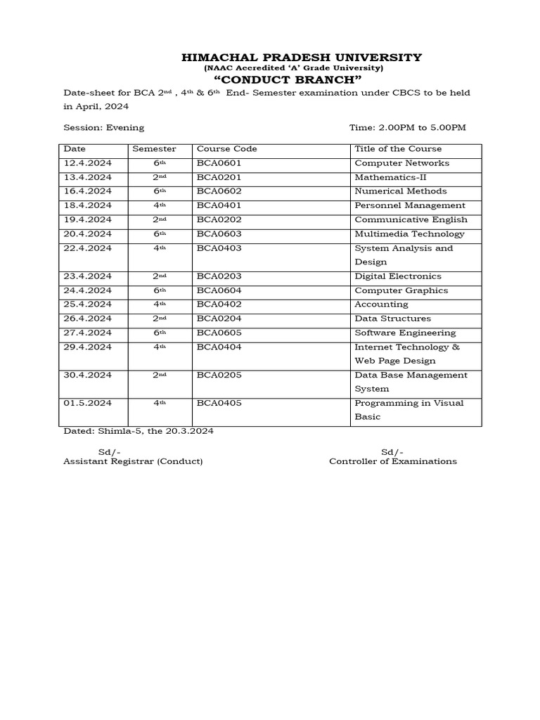 Himachal Pradesh University BCA BBA Exam Dates 2024 | PDF | Business