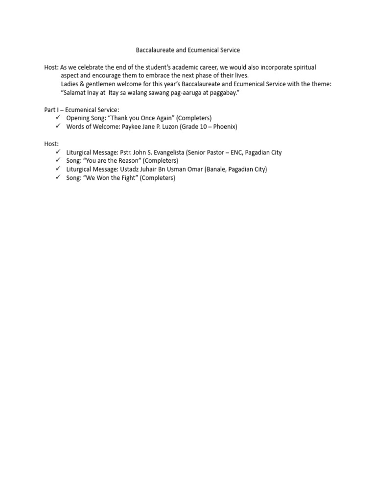 Baccalaureate Ecumenical Service Program | PDF | Art