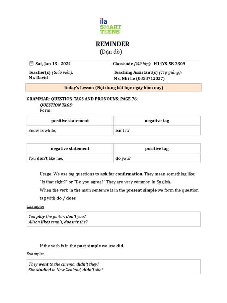 H14YS-5B-2309-Reminder - 011324 | PDF | Pronoun | Linguistic Typology