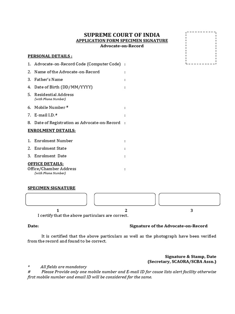 AOR Application Form Specimen | PDF