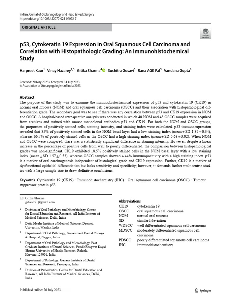 p53, Cytokeratin 19 Expression in Oral Squamous Cell Carcinoma and ...