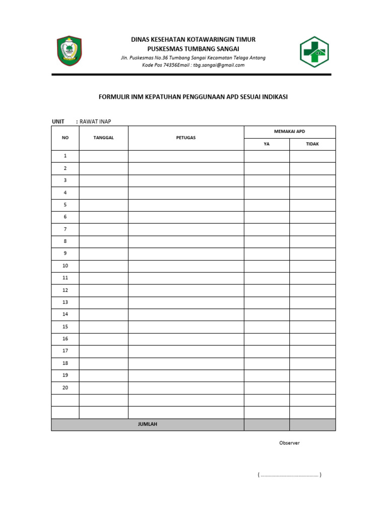 Formulir Kepatuhan Penggunaan APD Puskesmas | PDF