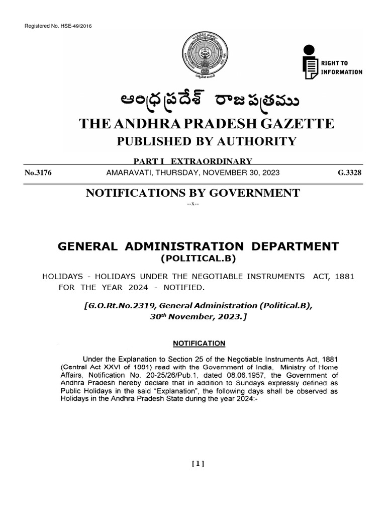 Andhra Pradesh State List of Holidays 2024 PDF