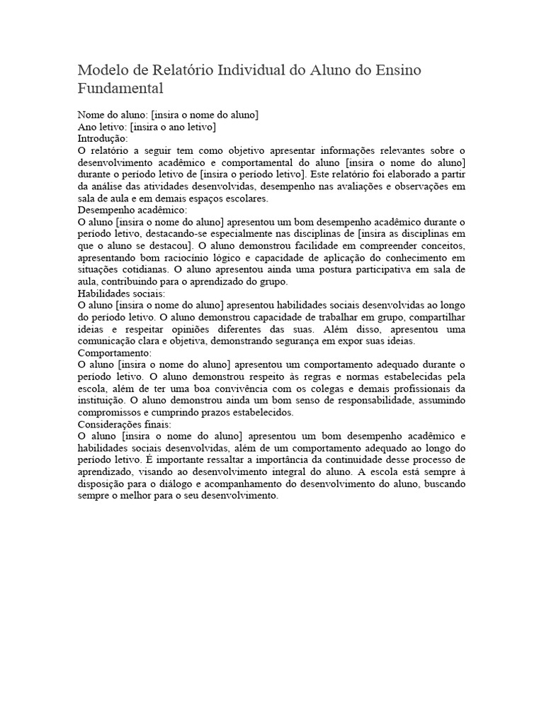Modelo de Relatório Individual do Aluno do Ensino Fundamental | PDF