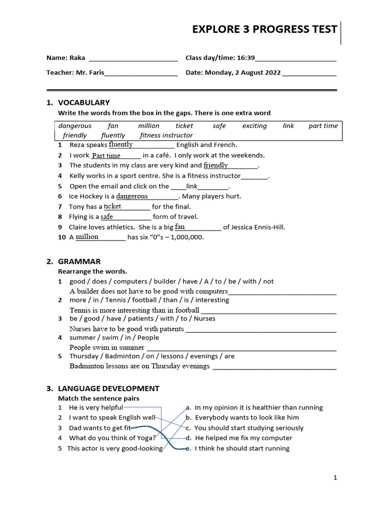 Explore 3 Progress Test Guide | PDF