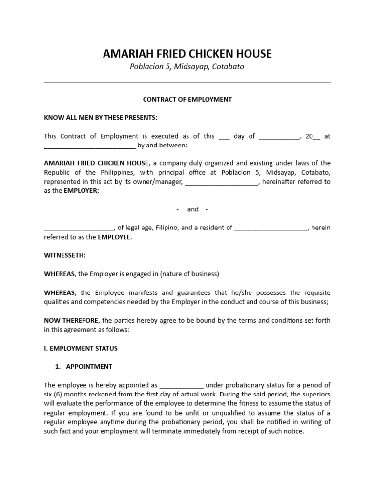 Amariah Fried Chicken Employment Contract | PDF | Employment | Salary