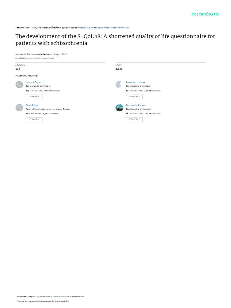 S-QoL 18: Shortened Schizophrenia QoL Tool | PDF