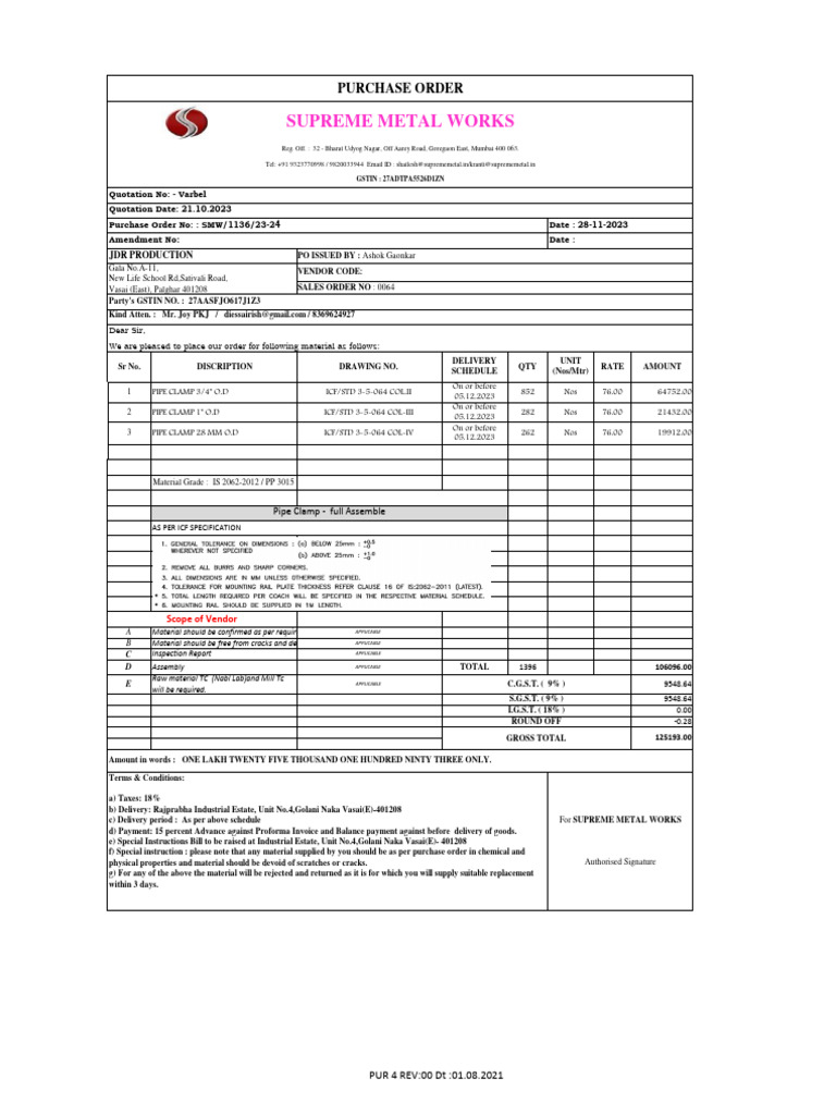 Purchase Order for Pipe Clamps | PDF | Taxation | Government Finances