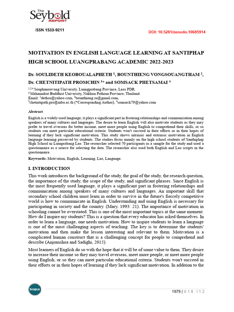Motivation in English Learning at Santiphap | PDF | Motivation ...