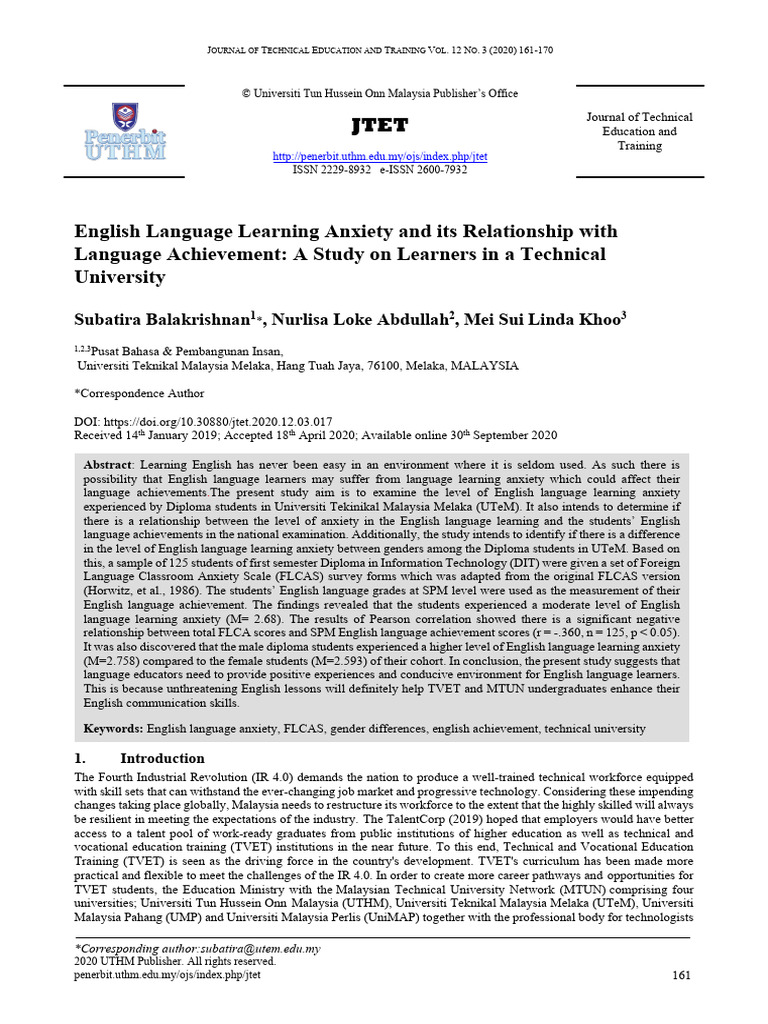 English Learning Anxiety in Technical Students | PDF | Cognition ...