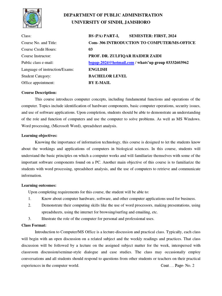 Introduciton To Computer & MS-Offce Course Outline by Dr. Zaidi | PDF ...