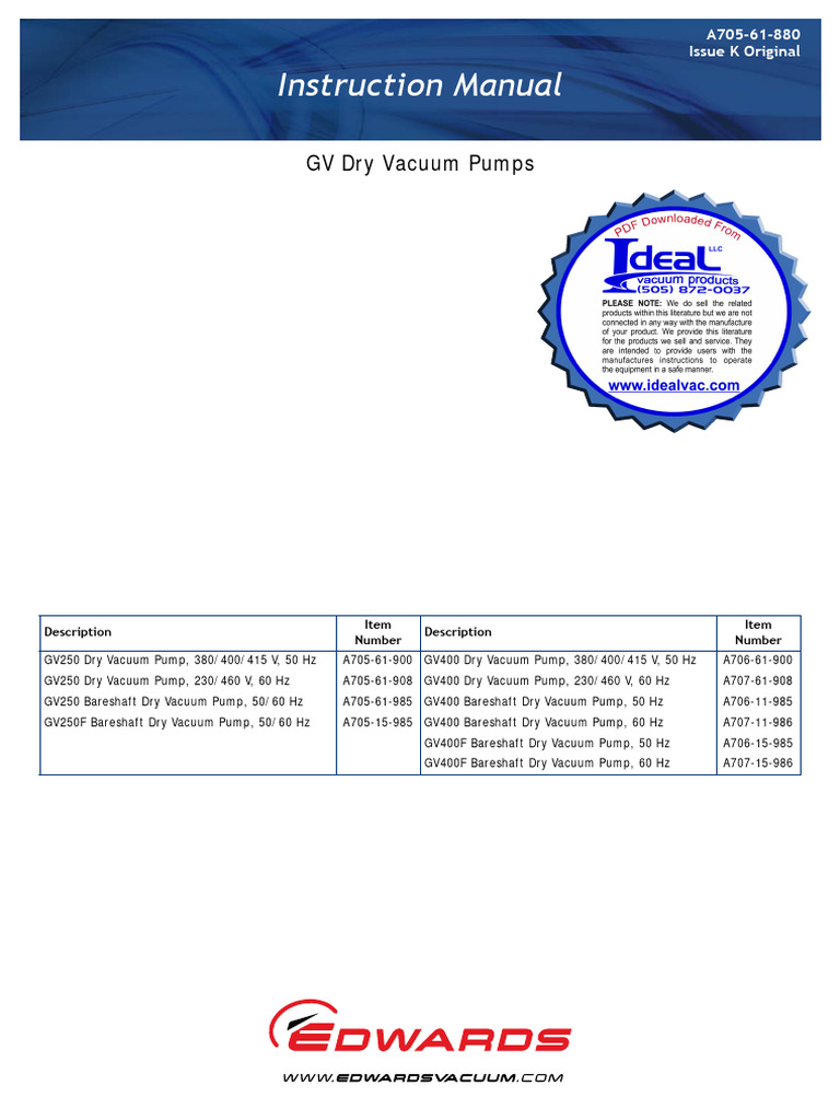 GV Dry Vacuum Pumps Instruction Manual | PDF | Pump | Valve
