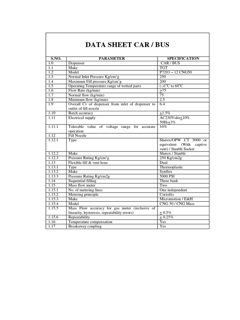 CNG Dispenser Specifications for Cars/Buses | PDF | Flow Measurement ...
