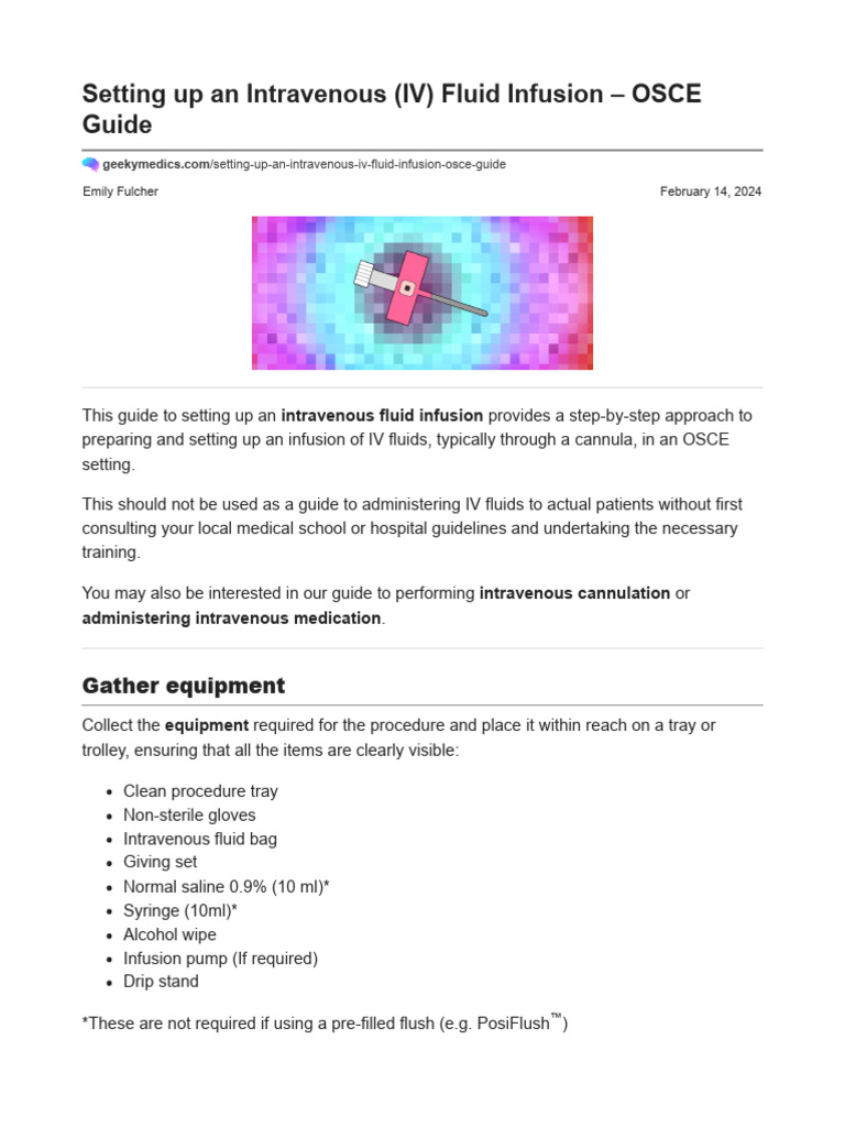 Setting up an Intravenous (IV) Fluid Infusion OSCE Guide _ Geeky Medics PDF Intravenous