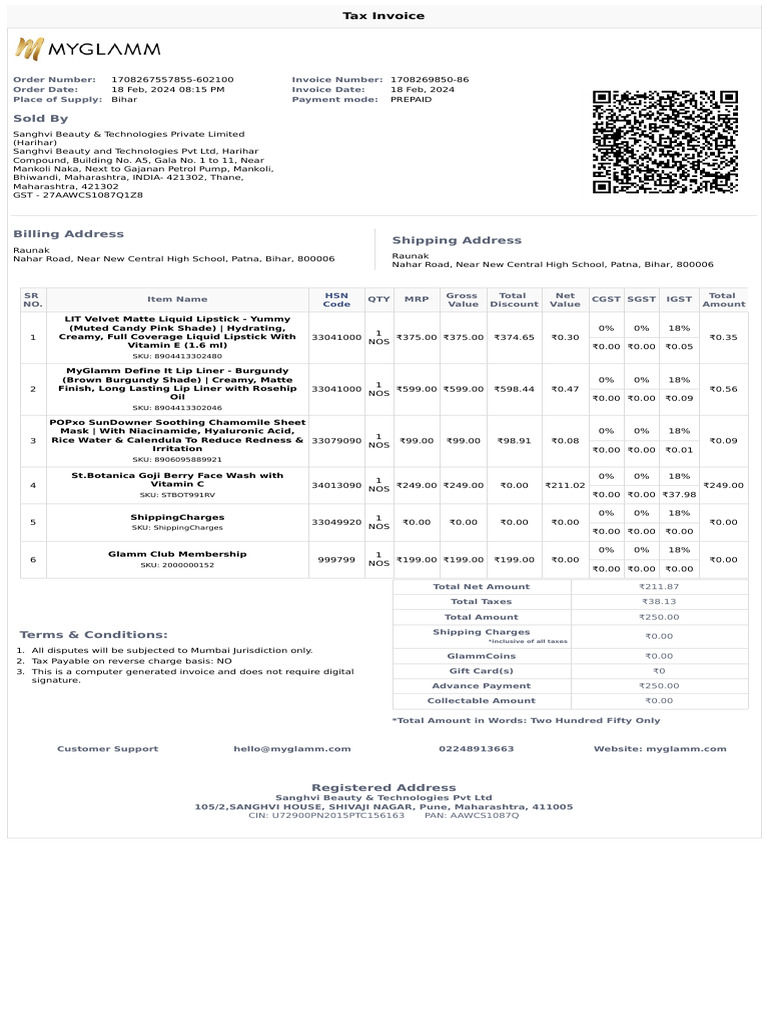 MyGlamm Invoice 1708269850-86 | PDF | Taxes | Payments