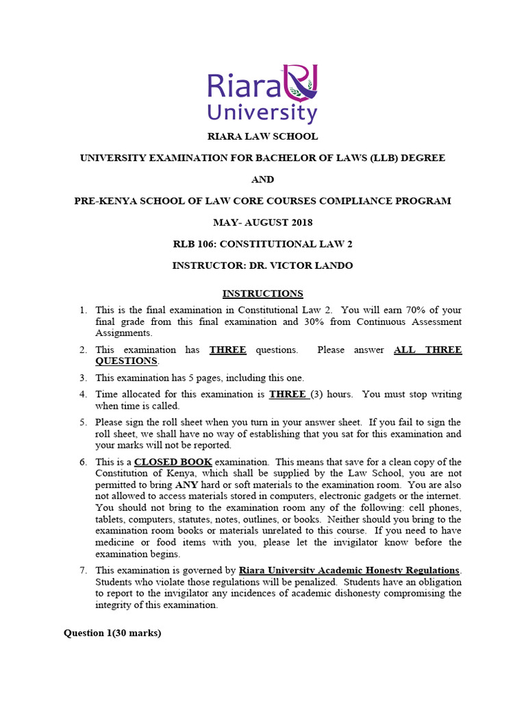 Riara Law School LLB Constitutional Exam 2018 | PDF