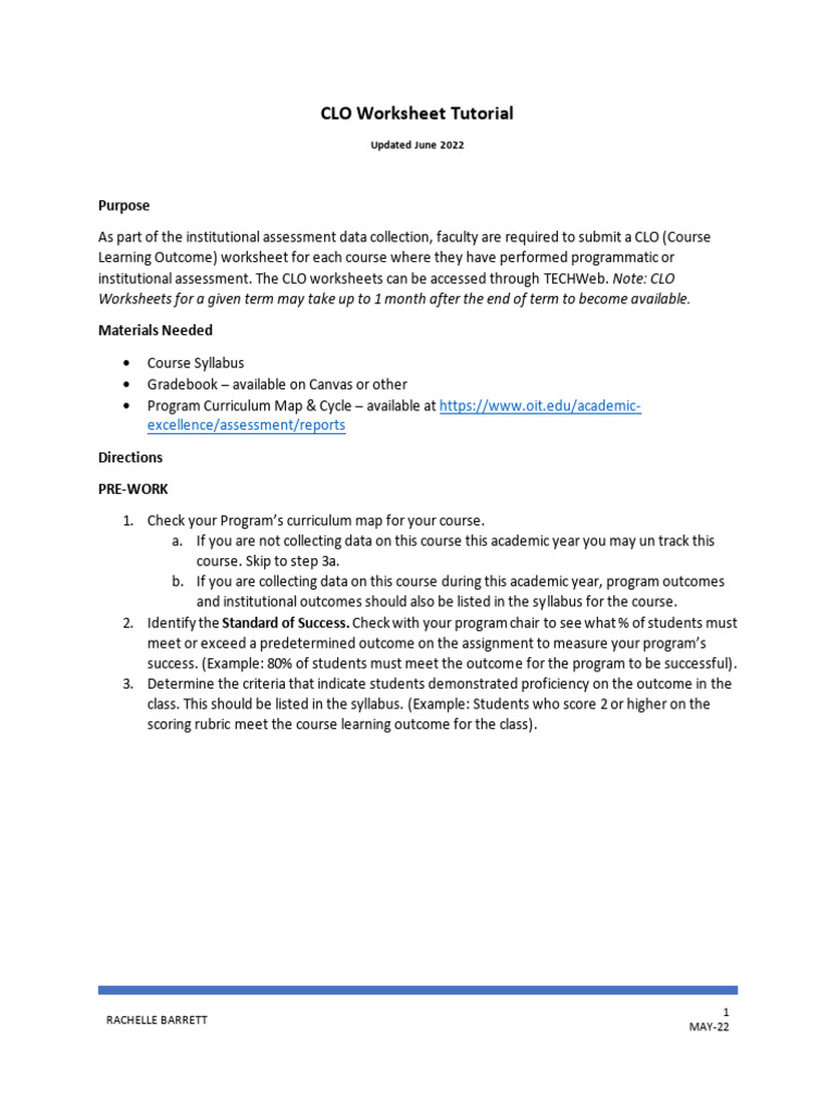 CLO Worksheet Submission Guide | PDF | Rubric (Academic)