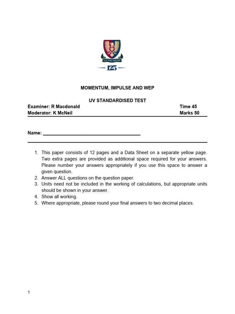 WEP Test on Momentum and Impulse | PDF | Collision | Kinetic Energy