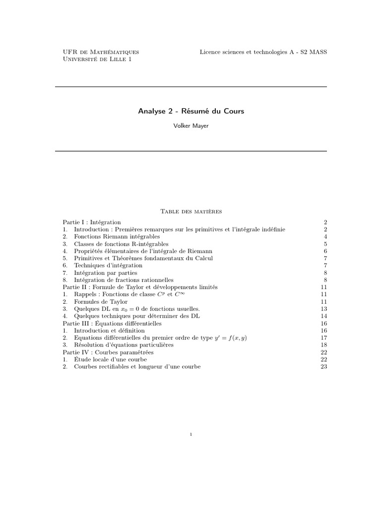 Résumé du Cours d'Analyse 2 UFR Lille | PDF | Intégral | Fonction ...