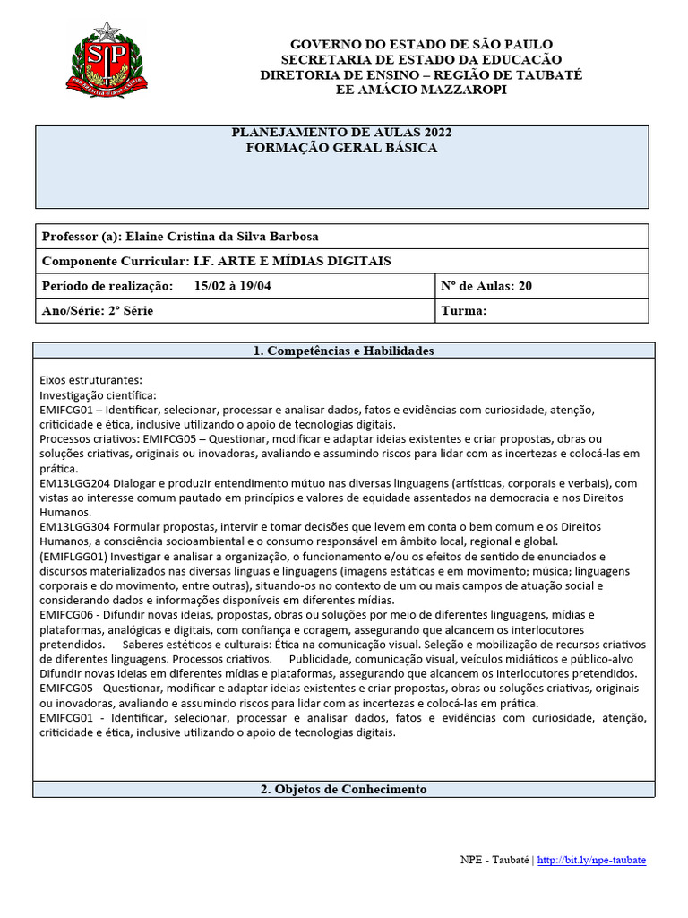 Planejamento de Aulas de Arte 2022 | PDF | Carreira e Crescimento