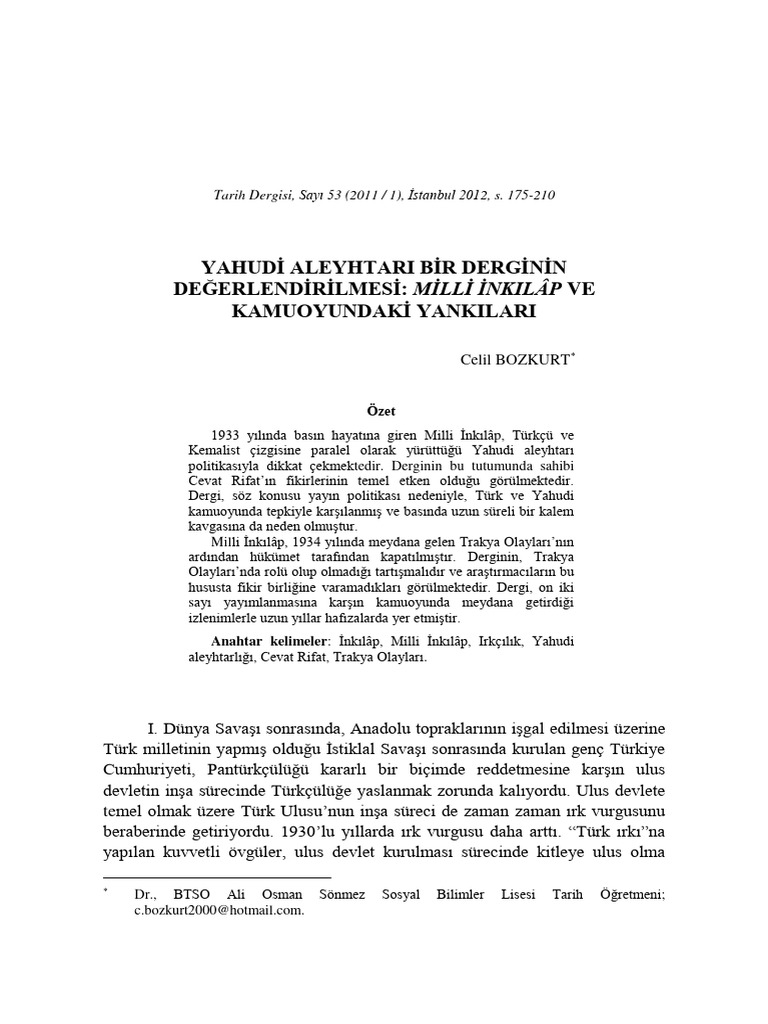 Celil Bozkurt Yahudi Aleyhtarı Bir Dergi Milli Inkılap | PDF