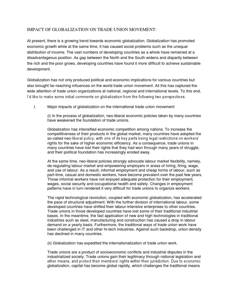 Globalization's Impact on Trade Unions | PDF | Globalization | Economic ...