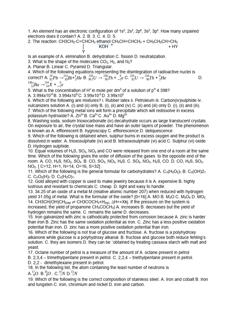 Chemistry Mock Exam Ss3 Pdf Chlorine Ammonia