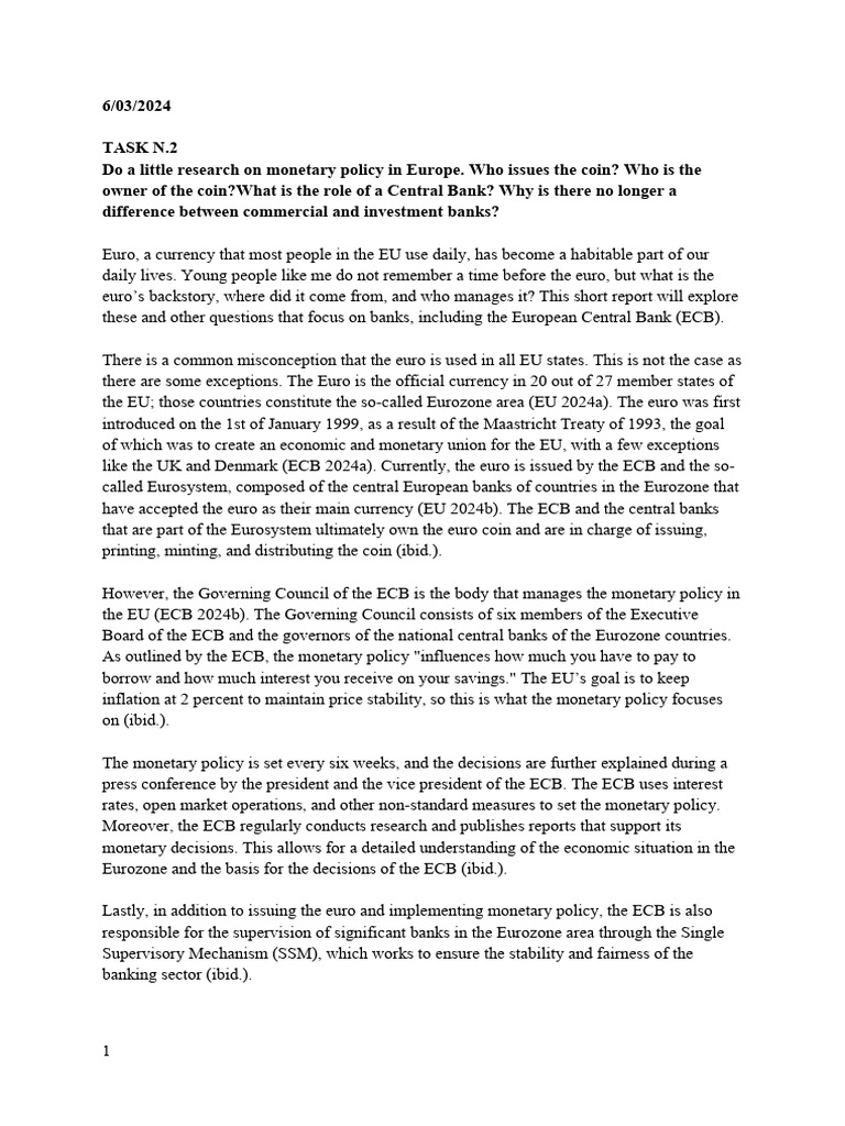 Task 2 Monetary Policy in The EU | PDF | European Central Bank | Euro