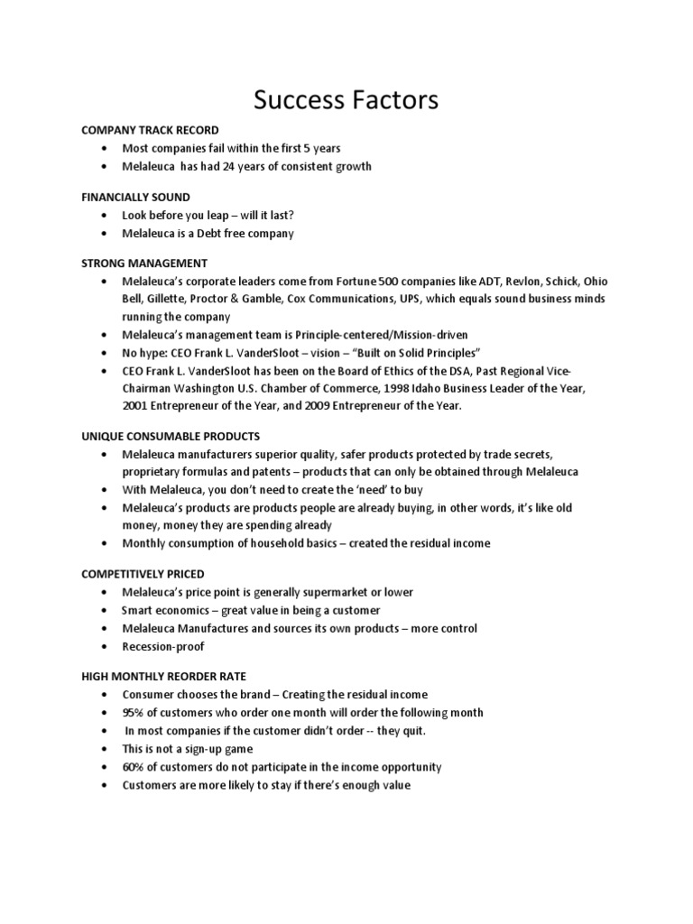 Melaleuca's Key Success Factors | PDF | Entrepreneurship | Economies