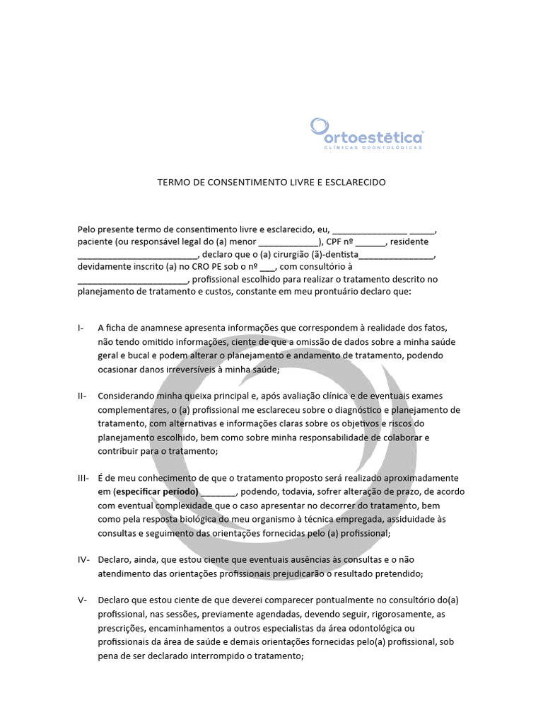 TERMO DE CONSENTIMENTO LIVRE E ESCLARECIDO.docx | PDF | Odontologia ...