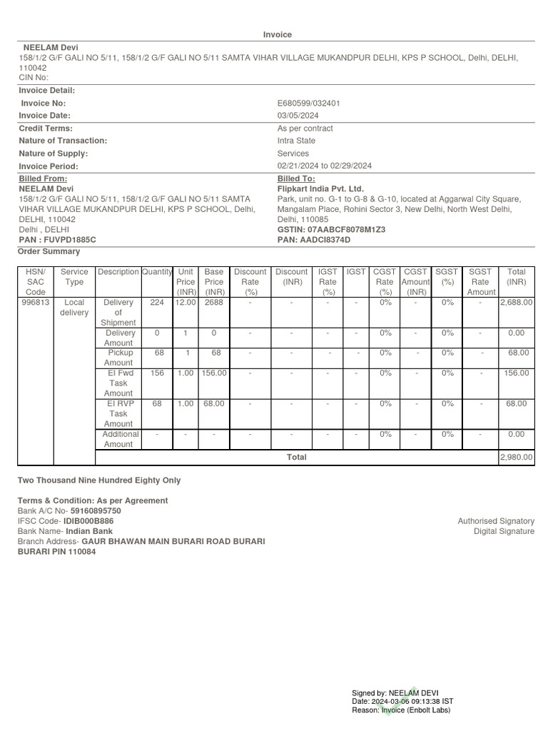 Invoice for Services Rendered to Flipkart | PDF