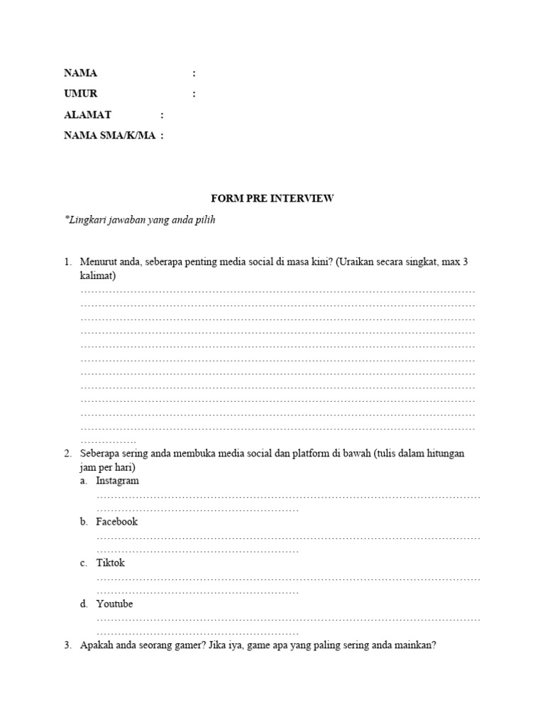 Formulir Pre-Interview Siswa SMA | PDF | Game & Aktivitas