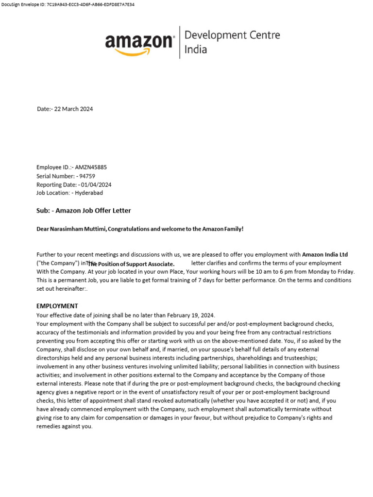Amazon Job Offer Letter - Hyderabad 2024 | PDF | Legal Liability ...