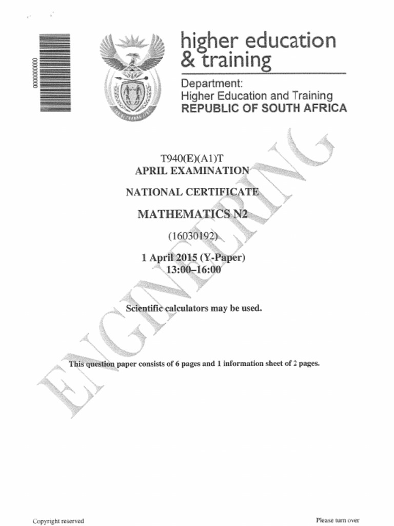 N2 Mathematics April 2015 Pdf