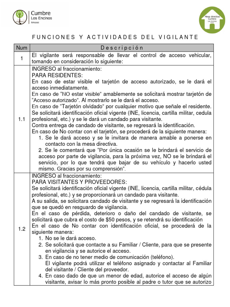 Funciones y Actividades Del Vigilante | PDF