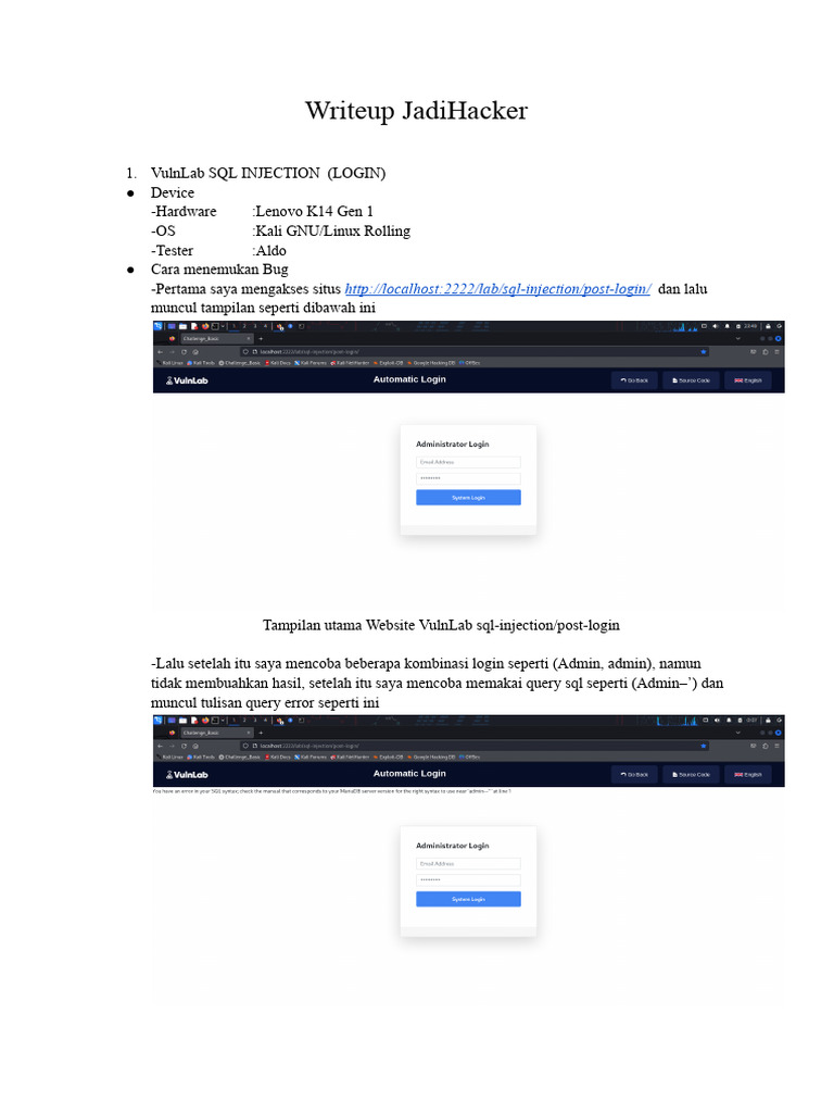 Panduan SQL Injection VulnLab | PDF