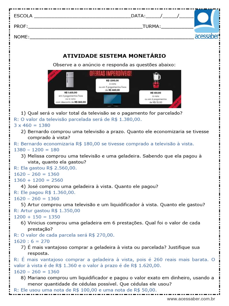 Atividade de Matematica Sistema Monetario 5 Ano e 6 Ano Respostas | PDF