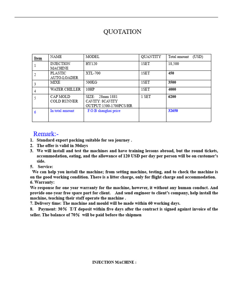 Injection Machine Quotation & Details | PDF | Pump | Automatic Transmission