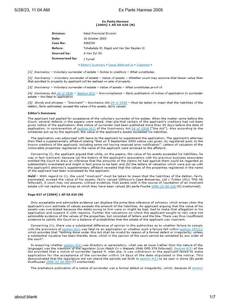 Ex Parte Harmse Case Summary 2004 | PDF | Debt | Insolvency